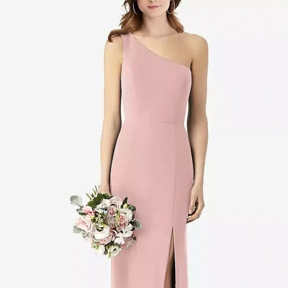 One-Shoulder Crepe Trumpet Gown with front slit...TH087....Rose....Size 14 - Picture 1 of 8